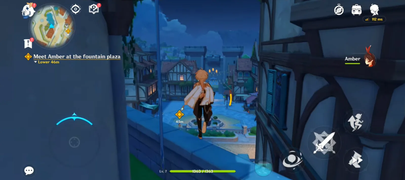 A Genshin Impact town explored in co-op, the quest marker pointing to the fountain plaza and a second player's name tagged on the right