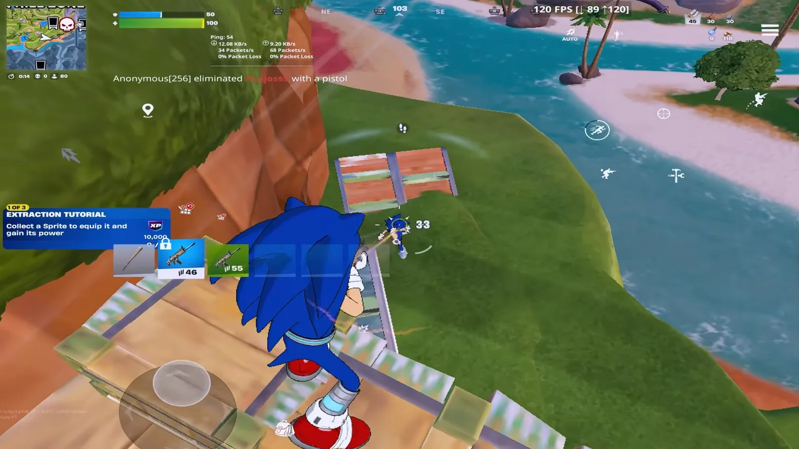 A Fortnite match on mobile, a Sonic skin standing on a wooden platform above the coast with the tutorial prompt and FPS counter on screen