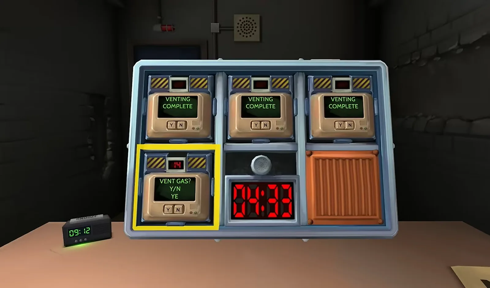 The bomb from Keep Talking and Nobody Explodes on a desk, three vent modules complete and a fourth prompting VENT GAS? Y/N as the timer counts down