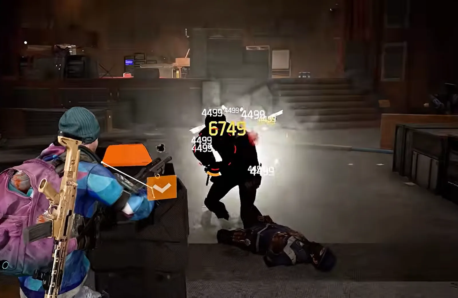 A firefight in The Division Resurgence, damage numbers stacking over an enemy as an agent fires from cover