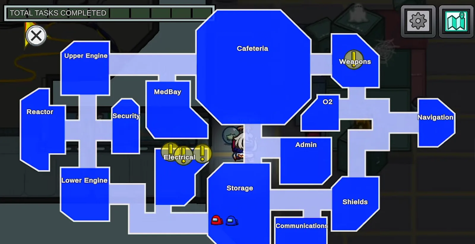 The Among Us map overview, the Skeld's rooms and corridors laid out in blue with the task counter at the top