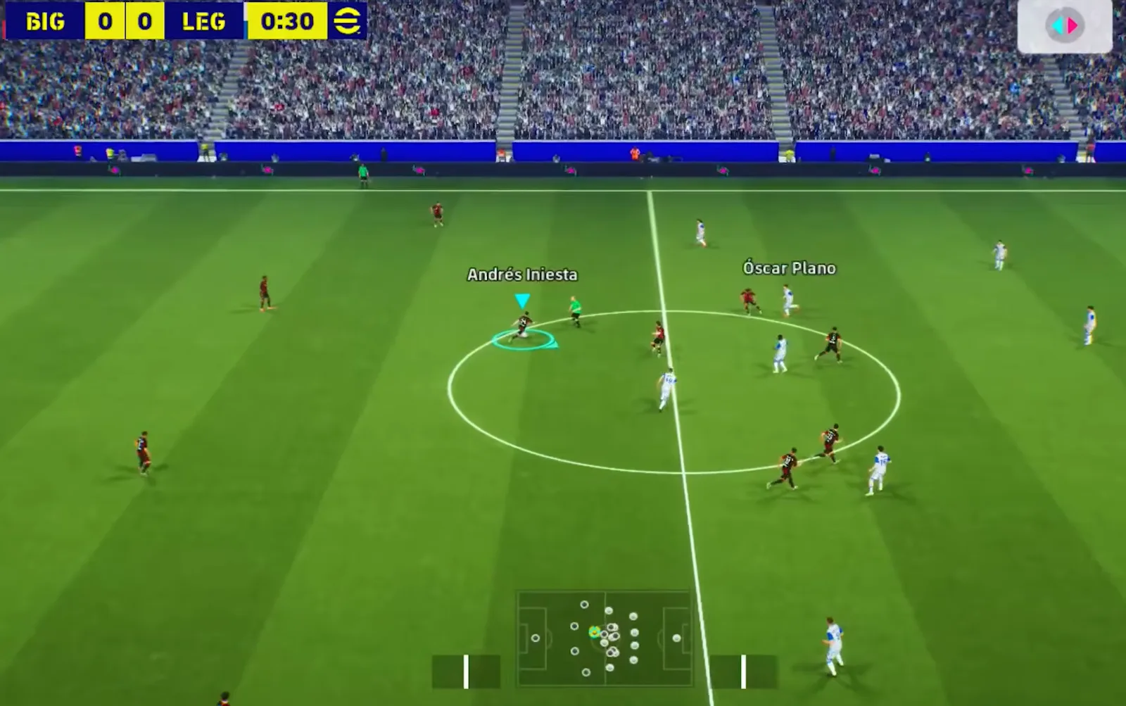 An eFootball match in progress from the broadcast camera, the scoreline at 0–0 with 30 seconds on the clock