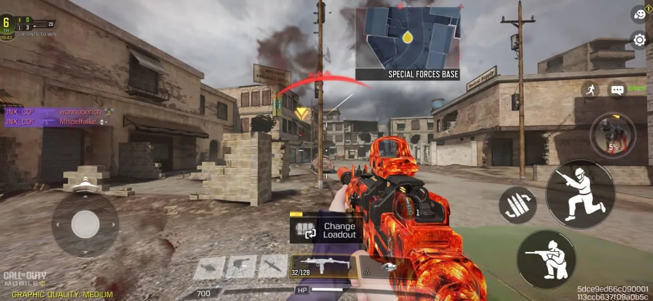 A Call of Duty: Mobile multiplayer match, the player pushing across a desert map with the minimap and loadout prompt on screen