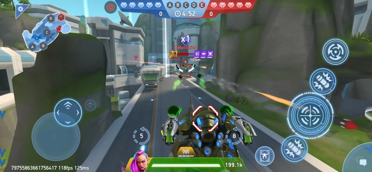 A Mech Arena battle on a highway map, two mechs trading fire near the objective with the team scoreboard along the top