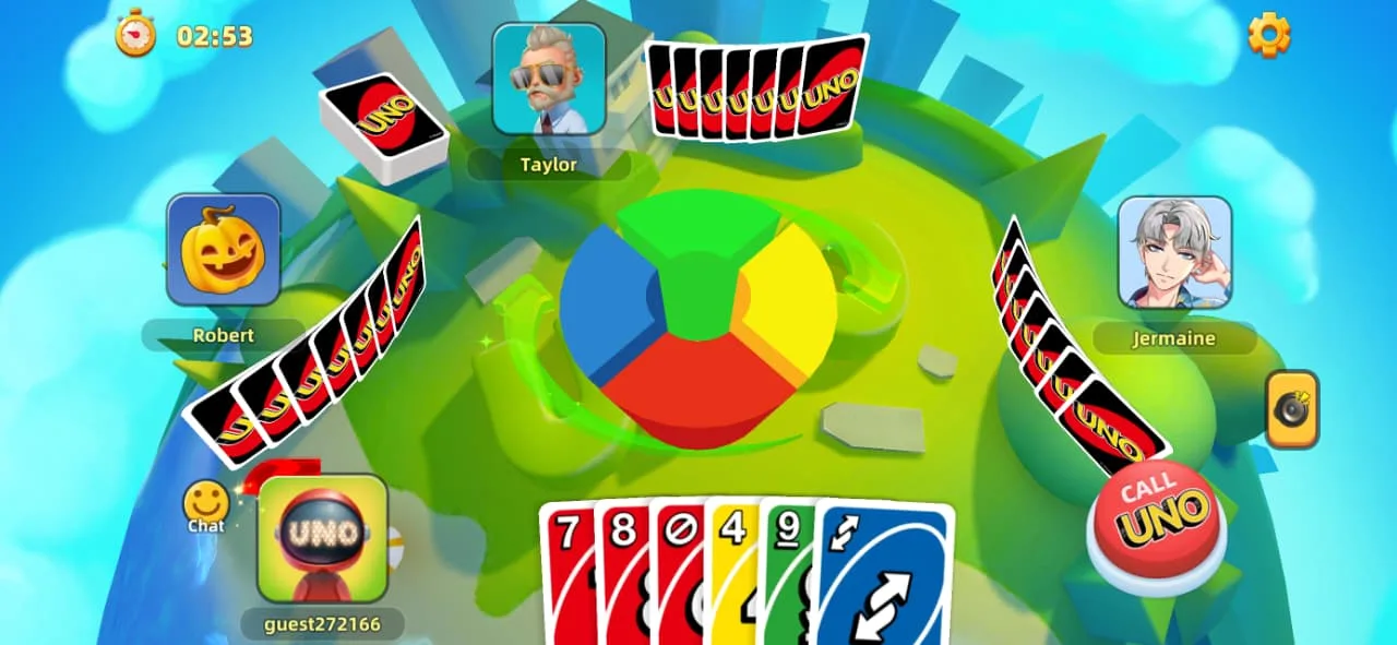 An Uno match on the round table, four players' hands fanned around the discard pile with the CALL UNO button lit