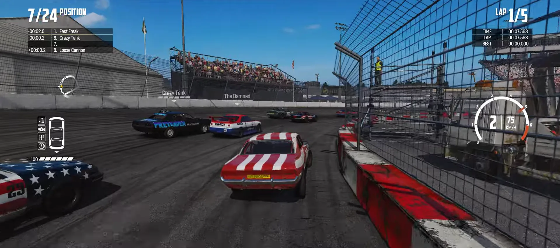 A pack of battered stock cars fighting for position on a dirt oval in Wreckfest, with the player running 7th out of 24 on lap 1 of 5
