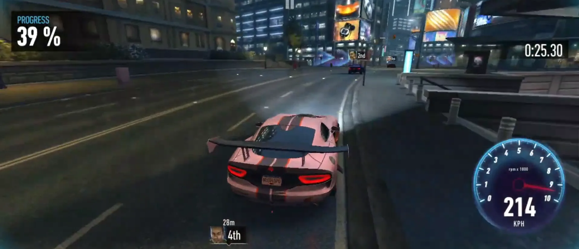 A pink-striped sports car racing through a rain-slicked city at night in Need for Speed No Limits, 39% through the run and sitting 4th at 214 kph