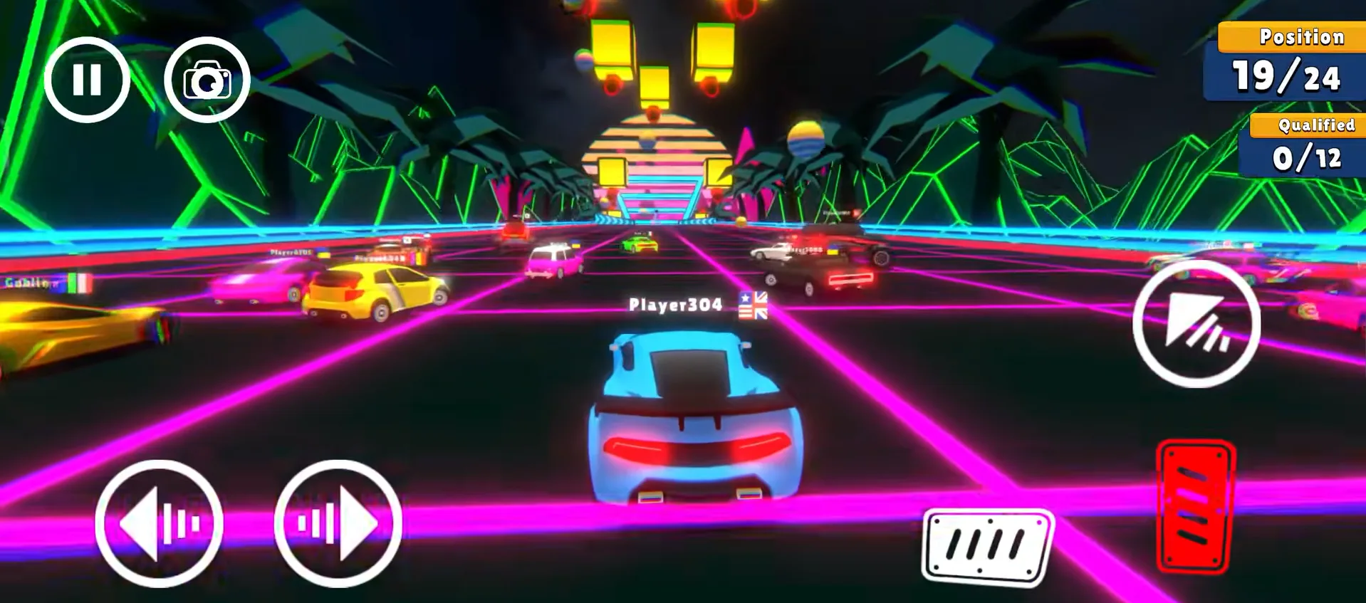 A neon-lit track in Wacky Cars packed with rivals, the player car running 19th out of 24 with none of the 12 qualifying spots taken yet