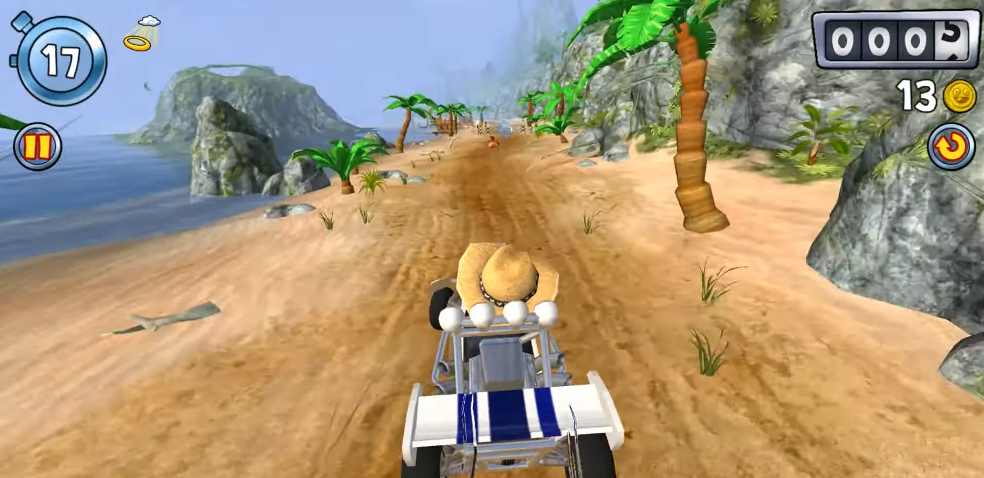 A buggy driving along a sandy tropical coastline in Beach Buggy Blitz, with palm trees, rocks and a coin counter in the corner