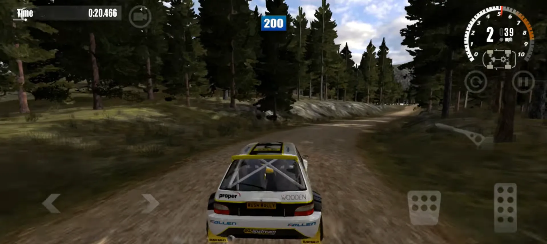 A rally car kicking up dust on a forest gravel stage in Rush Rally 3, with the stage timer at 20.466 and the tachometer showing second gear
