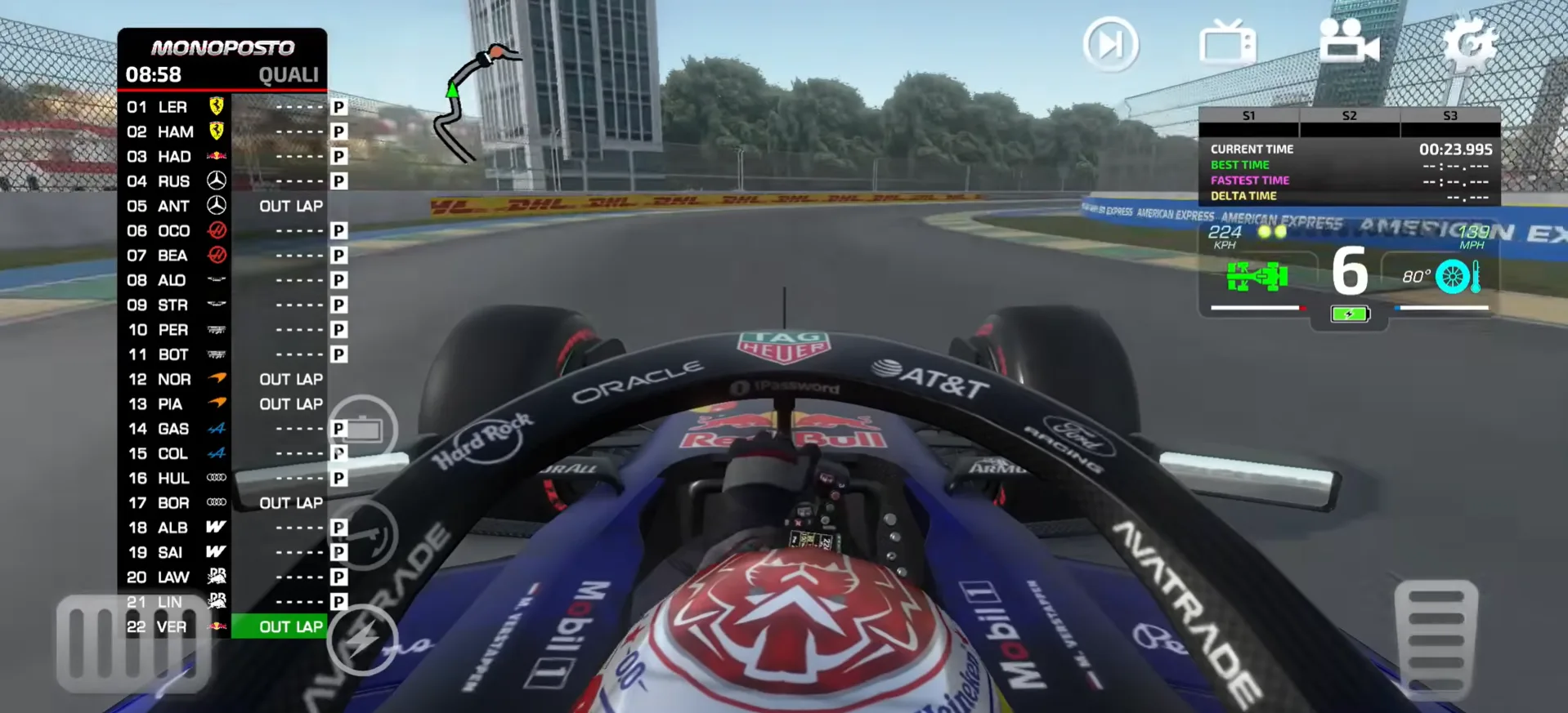 A cockpit view from a Formula car in Monoposto during a qualifying session, with the full driver timing tower down the left of the screen