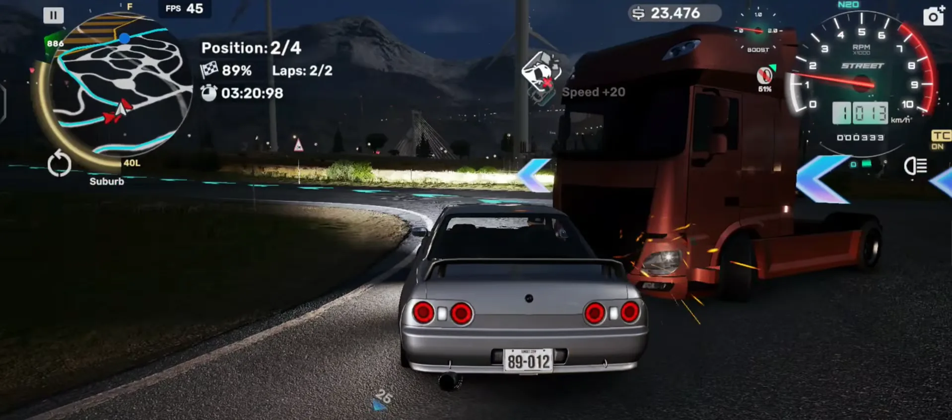 A silver JDM coupe clipping the front of an oncoming truck on a night-time suburban road in CarX Street, with the minimap, lap counter and tachometer overlaid