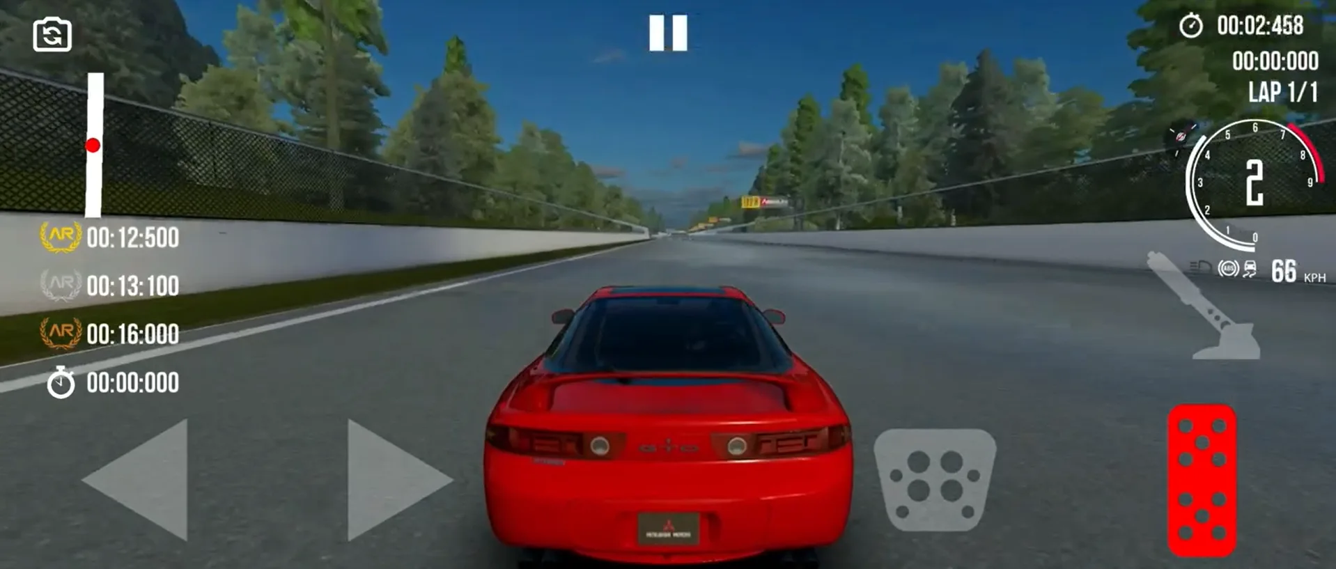 A red coupe on a tree-lined circuit in Assoluto Racing, with lap split times down the left and the gear indicator showing second at 66 kph