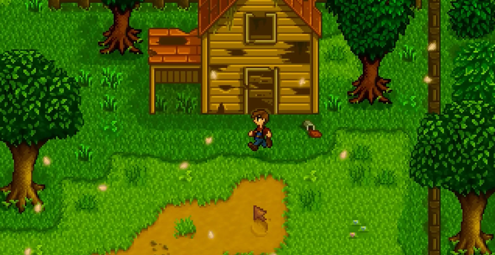 A Stardew Valley farm plot, the player standing by a run-down cabin with an axe on the grass and a dirt patch in front