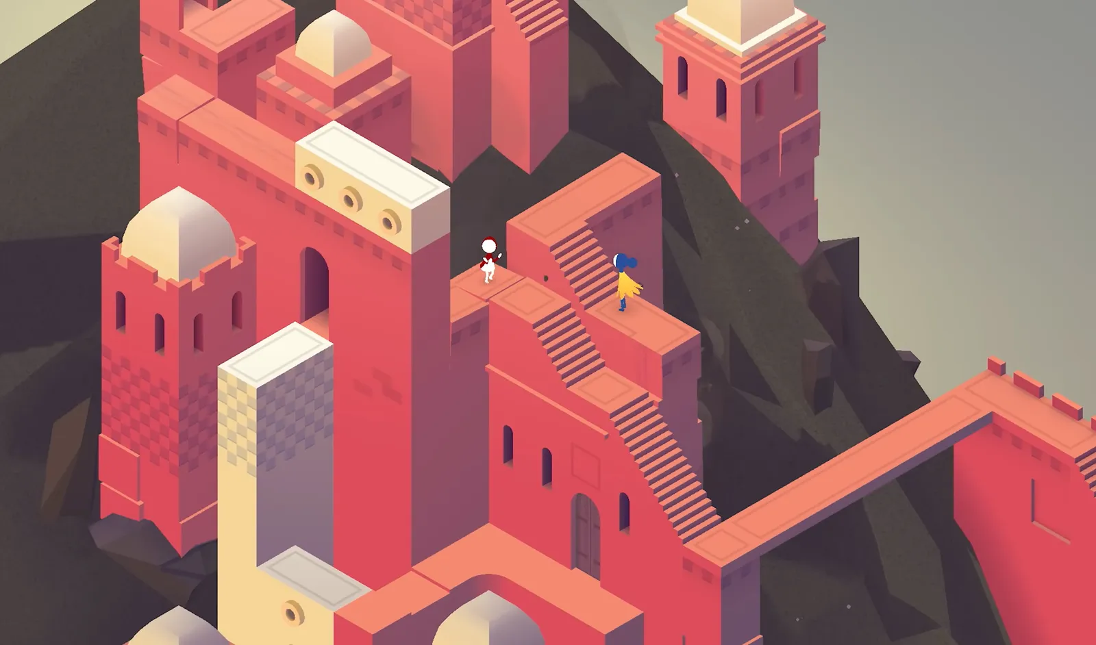 Monument Valley 2's pink isometric architecture, the mother and child figures standing on separate staircases