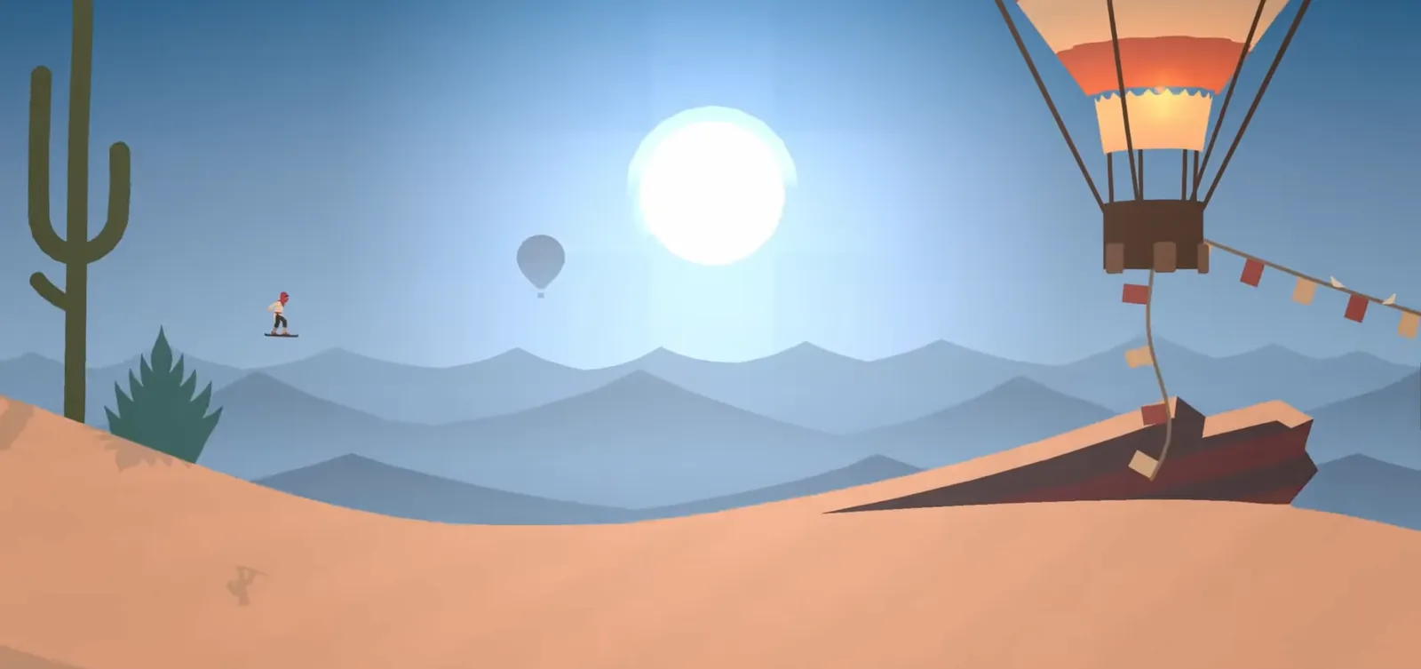 Alto's Odyssey at sunrise, the boarder sailing over minimalist desert dunes past two hot air balloons