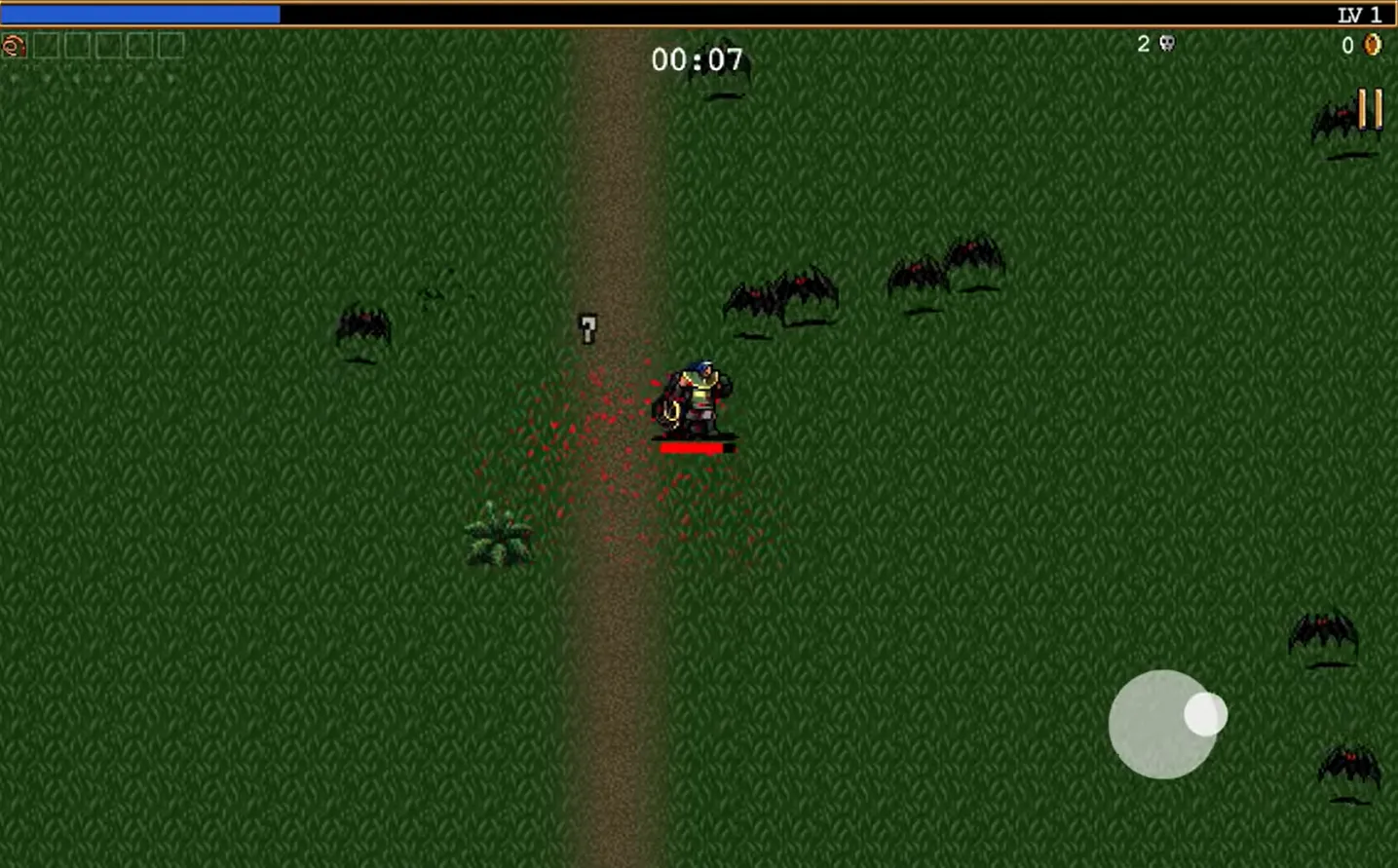 Vampire Survivors seven seconds into a run, the level 1 character auto-attacking bats across a green field