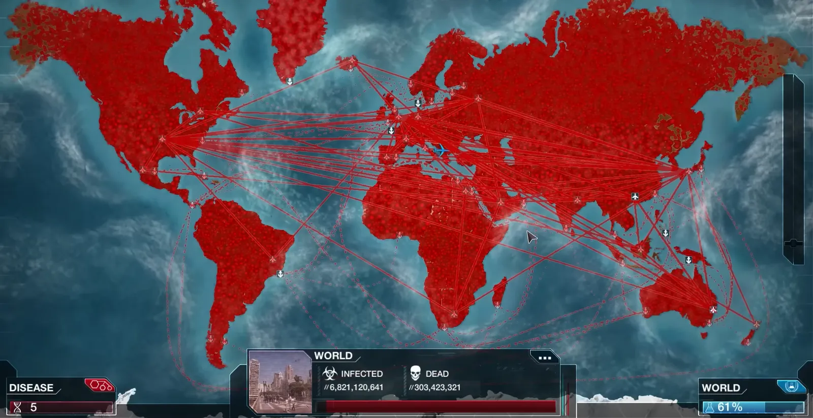 The Plague Inc. world map fully red with infection routes crossing it, the counter reading 6.8 billion infected