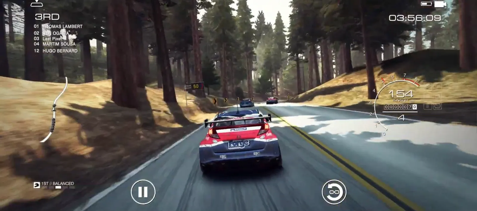 GRID Autosport in third place at 154 mph, the player's touring car chasing rivals down a forest road