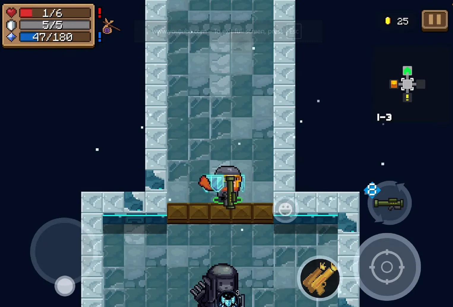 Soul Knight's top-down pixel dungeon, the player holding a weapon on a stone platform with an enemy below