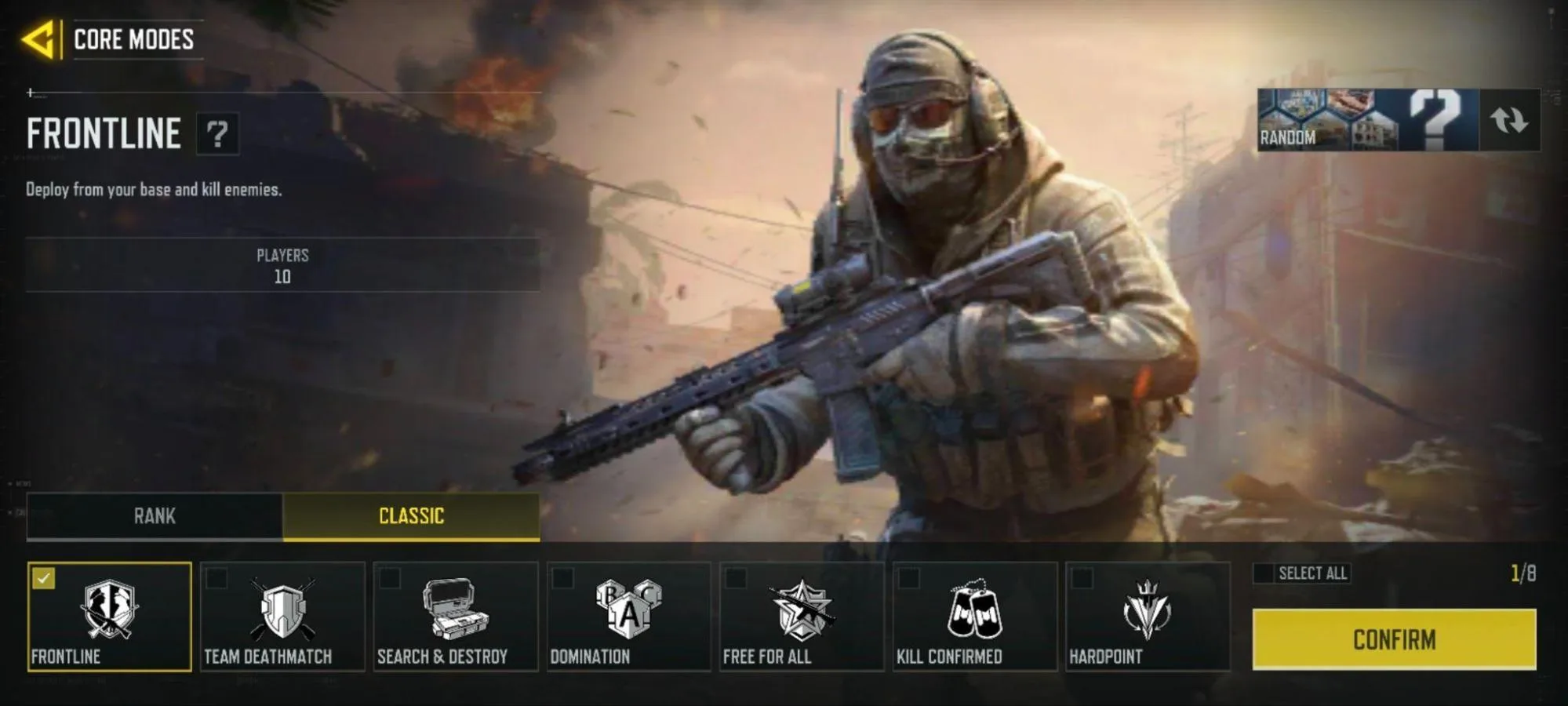 Call of Duty Mobile's Core Modes screen with Frontline selected alongside Team Deathmatch, Search & Destroy, Domination, Free For All, Kill Confirmed and Hardpoint