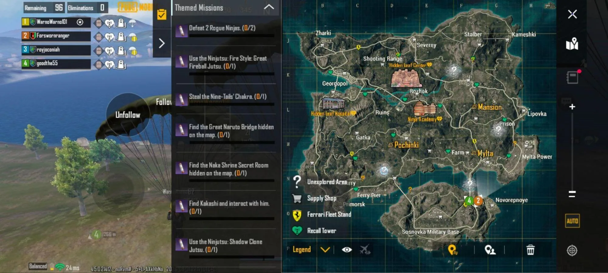 PUBG Mobile's Naruto themed-mission list open over the Erangel map, with Hidden Leaf landmarks marked across it