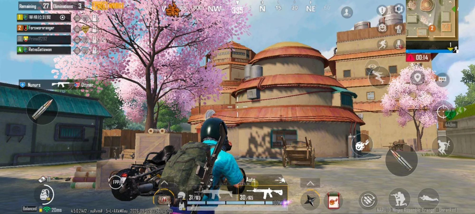 A PUBG Mobile player standing among cherry blossoms outside a Naruto-themed building during the collaboration event