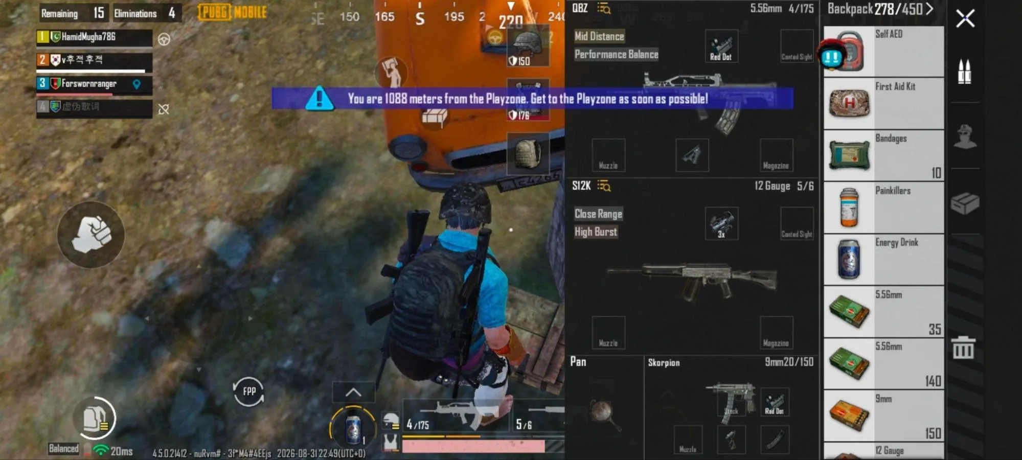 A PUBG Mobile player looting beside a vehicle with the backpack and weapon inventory open, and a warning that the playzone is 1,088 metres away