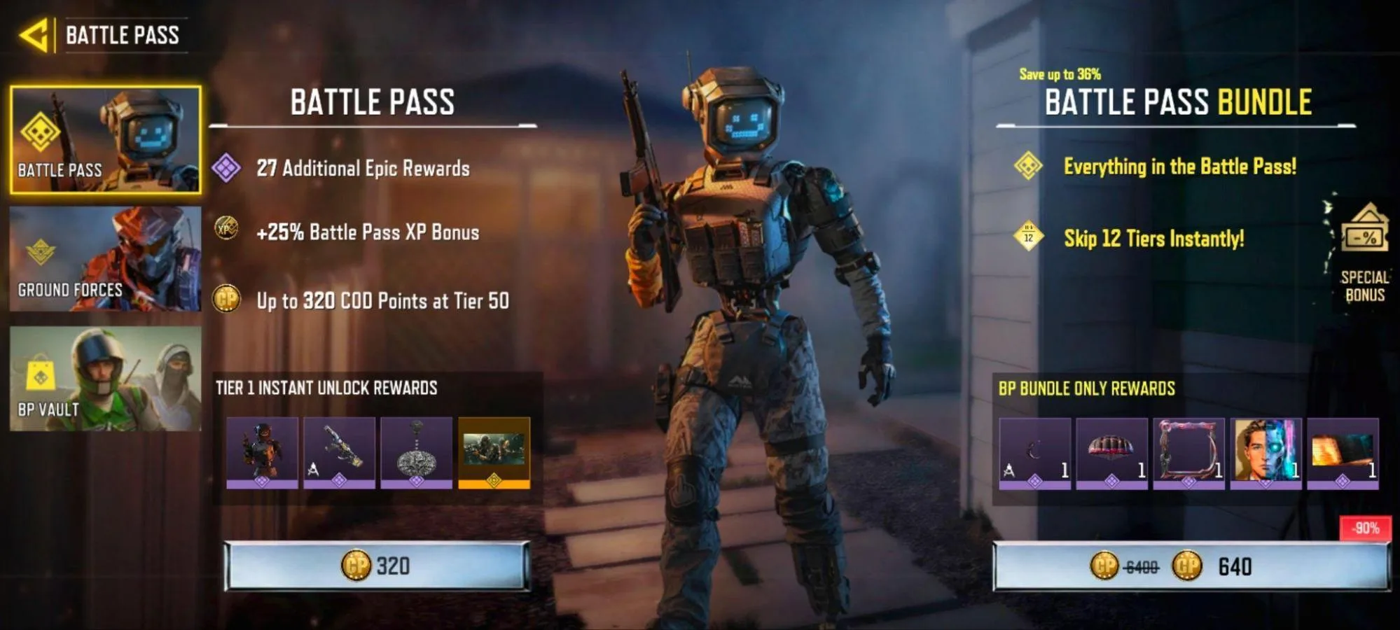 Call of Duty Mobile's Battle Pass screen comparing the 320 CP pass with the discounted 640 CP Battle Pass Bundle and its instant-unlock rewards