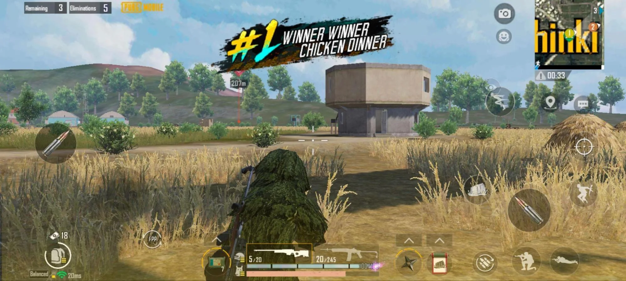 A PUBG Mobile Winner Winner Chicken Dinner screen, the player prone in a ghillie suit in the fields near Pochinki with three players remaining