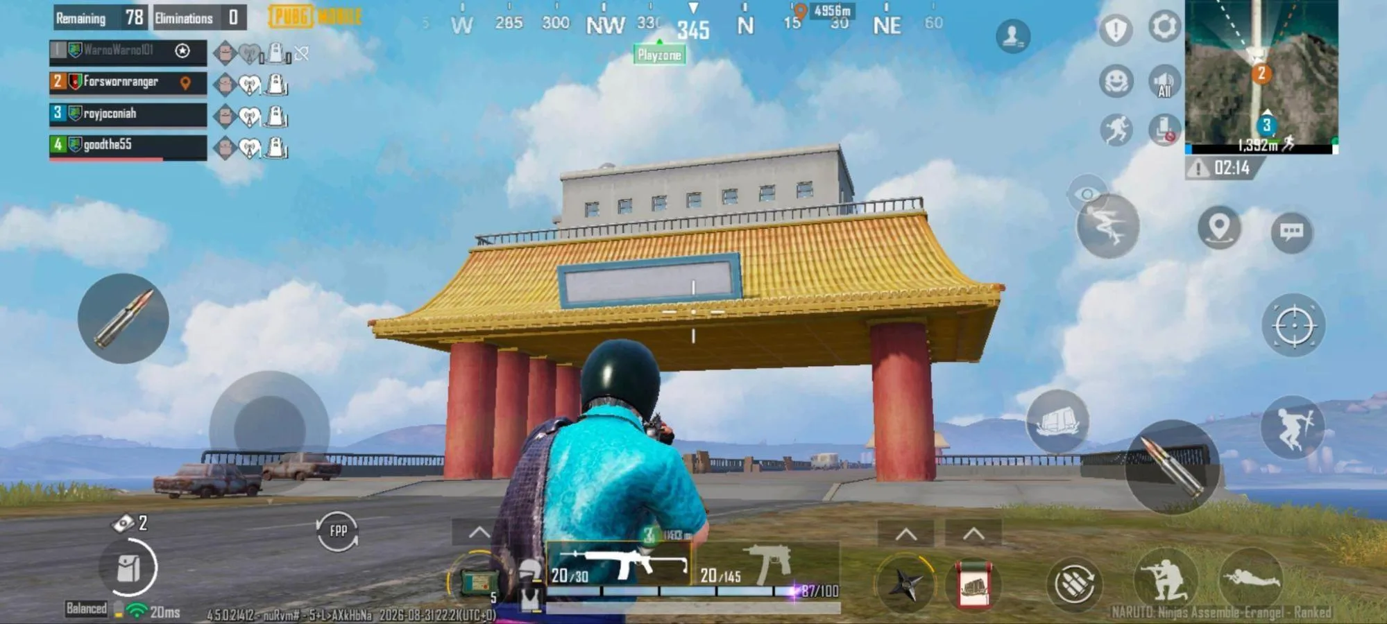A PUBG Mobile player standing in front of a Naruto-themed gate on Erangel with 78 players remaining