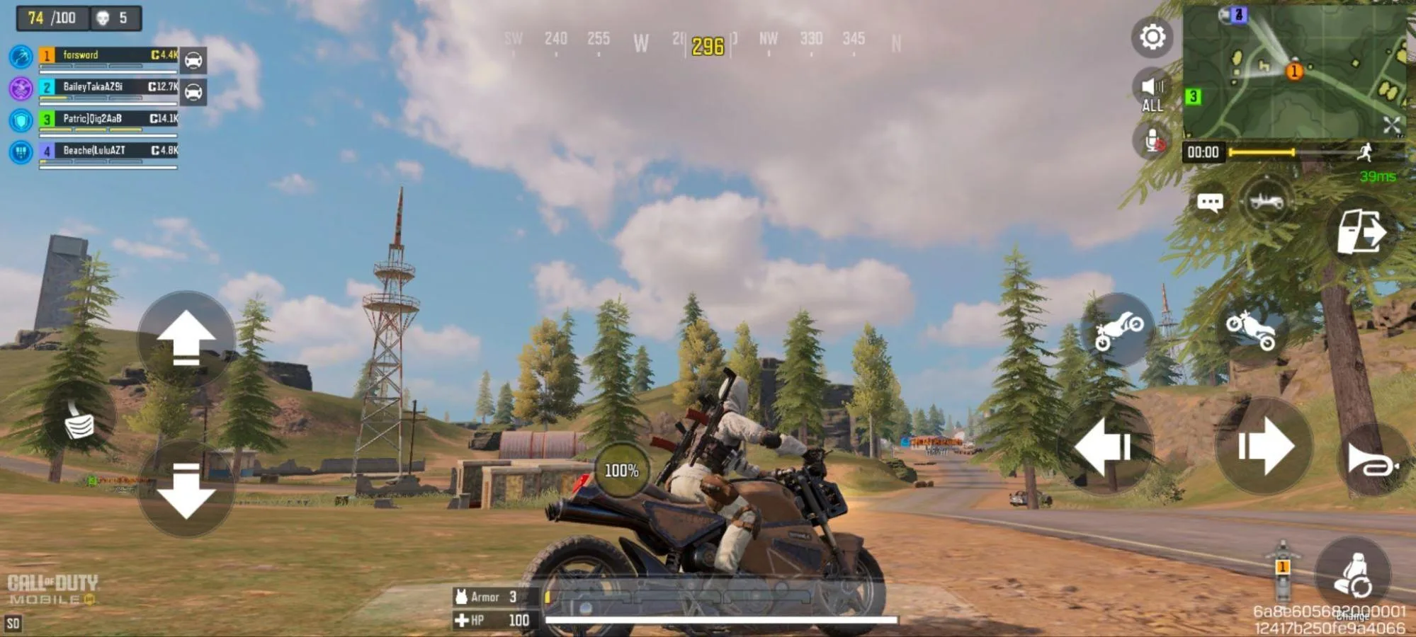 A Call of Duty Mobile player riding a motorbike along a road in battle royale with 74 players remaining