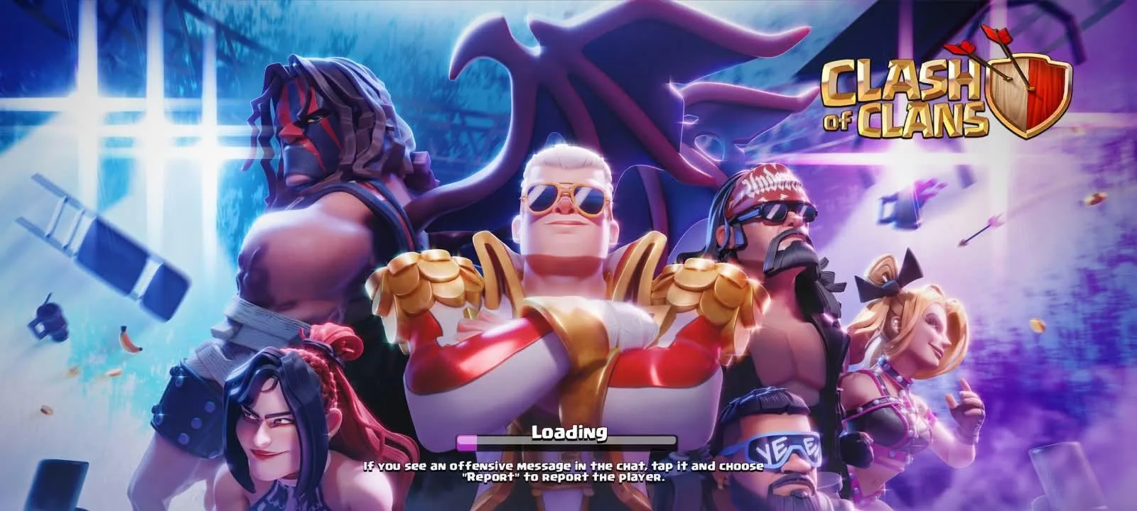 The Clash of Clans loading screen, the Barbarian King, Archer Queen and the other Heroes lined up in front of the logo