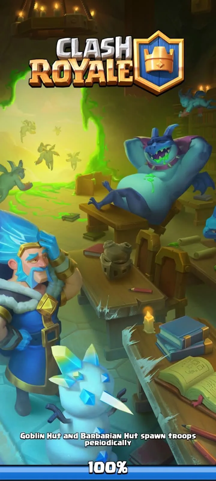 The Clash Royale loading screen at 100%, the logo above a Knight, Goblins and an Electro Wizard charging into the arena