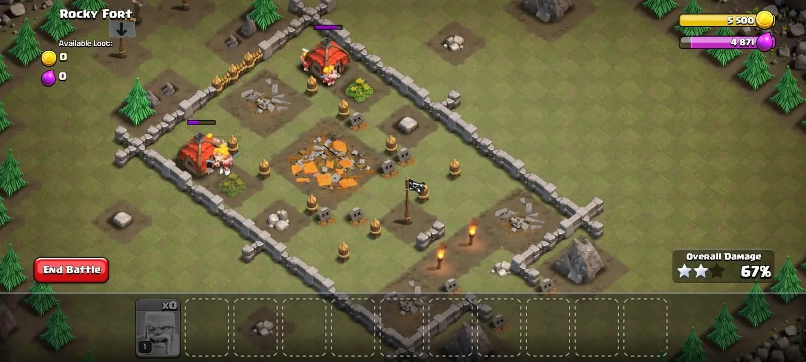 The end of a Clash of Clans attack on the Rocky Fort base, two stars earned and 67% overall damage