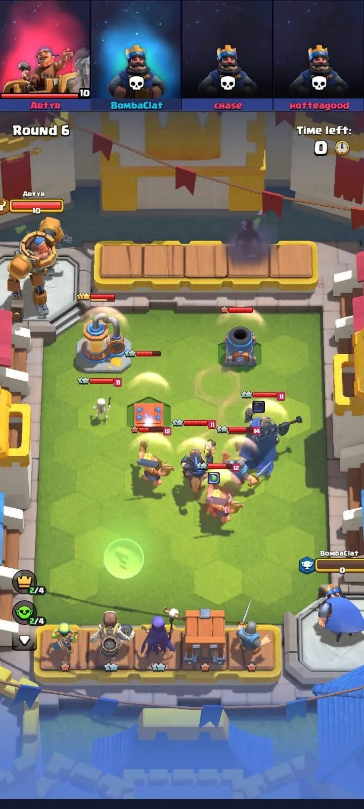 A Clash Royale match in progress, troops clashing in the middle of the arena with the player's card hand and Elixir bar at the bottom