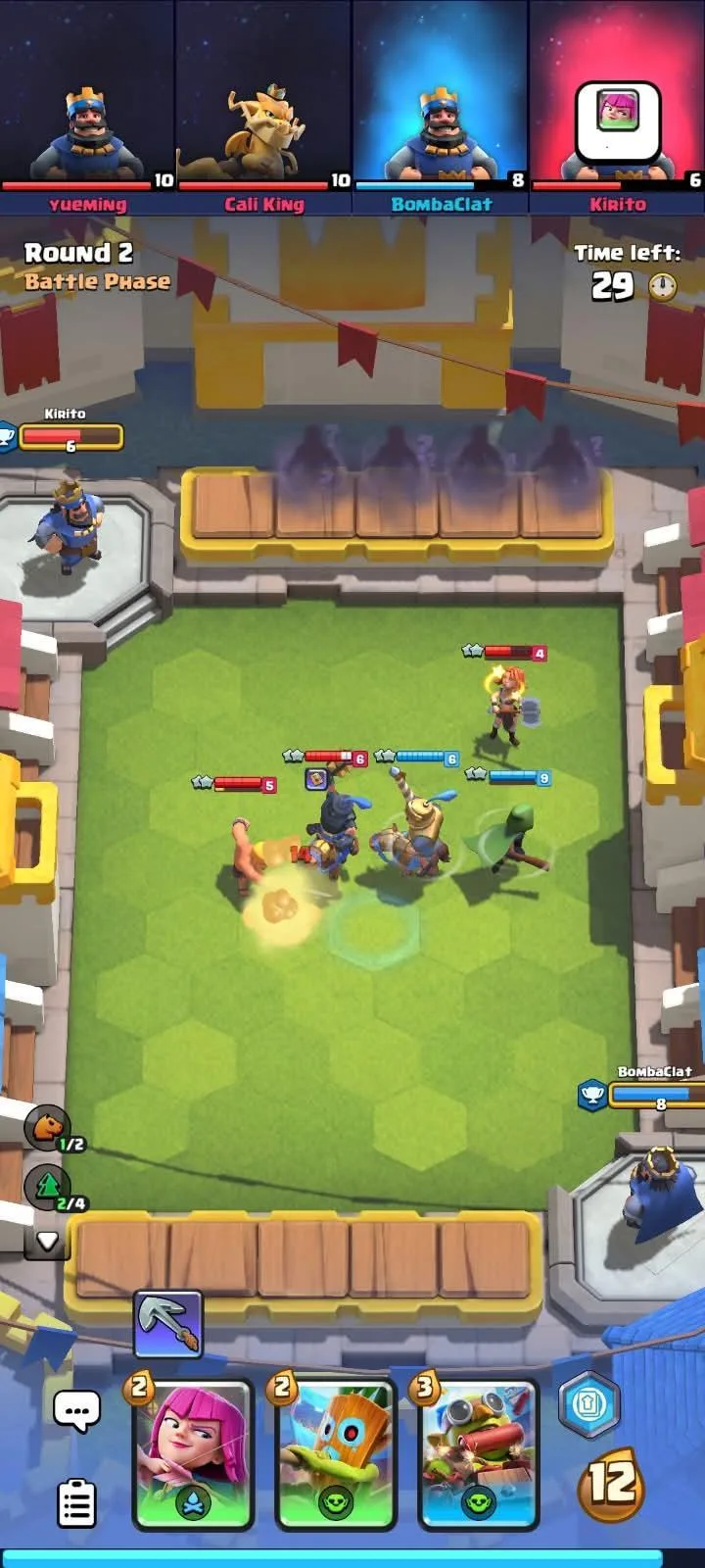 A Clash Royale push on the opponent's tower, a pack of troops crossing the bridge on the right lane