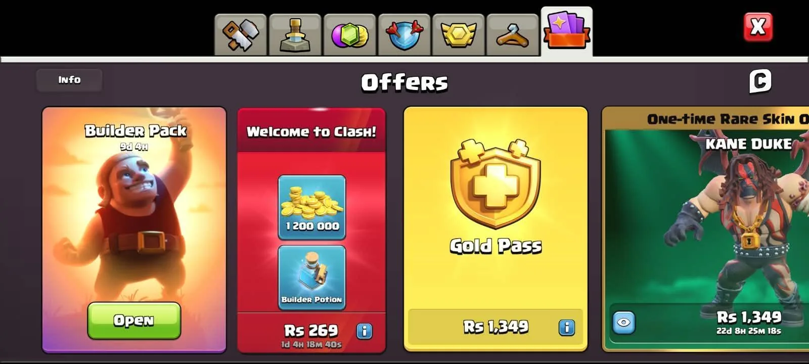 The Clash of Clans Offers tab with a Builder Pack, a Welcome to Clash bundle, the Gold Pass and a one-time Kane Duke skin
