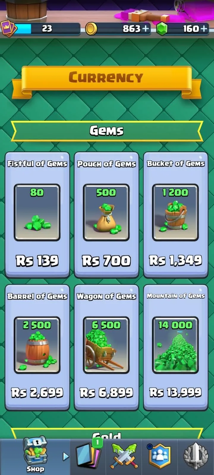 The Currency section of the Clash Royale shop, six Gem packs priced from Rs 339 up
