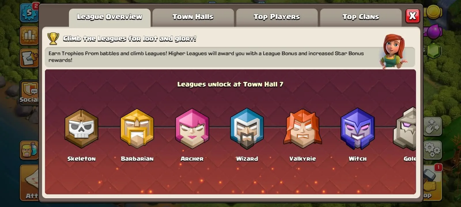 The Clash of Clans League Overview panel, noting that leagues unlock at Town Hall 7, with the Skeleton, Barbarian, Archer, Wizard and Valkyrie tiers shown