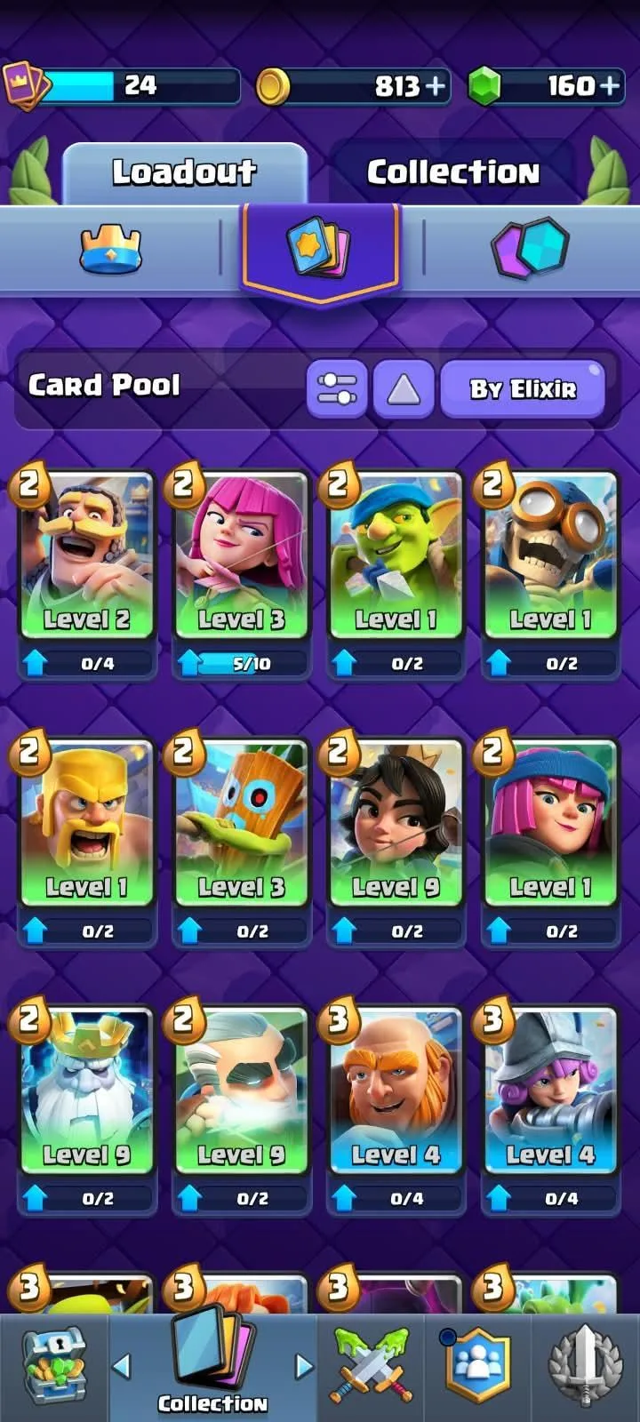 The Clash Royale card collection with the Card Pool tab open, a grid of unlocked cards with their levels
