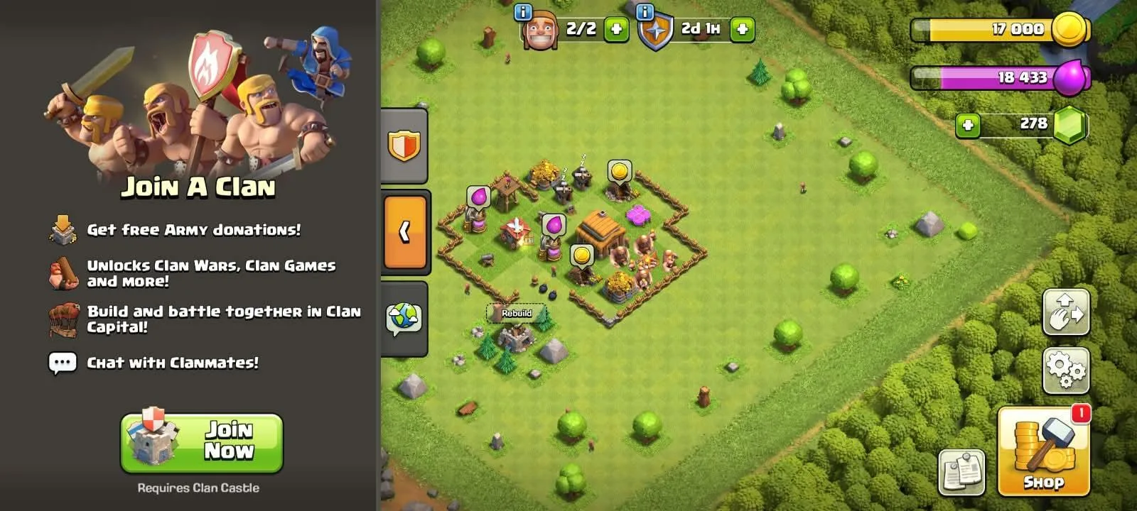 The Join A Clan prompt in Clash of Clans, listing free army donations, Clan Wars and Clan Capital as perks over the village
