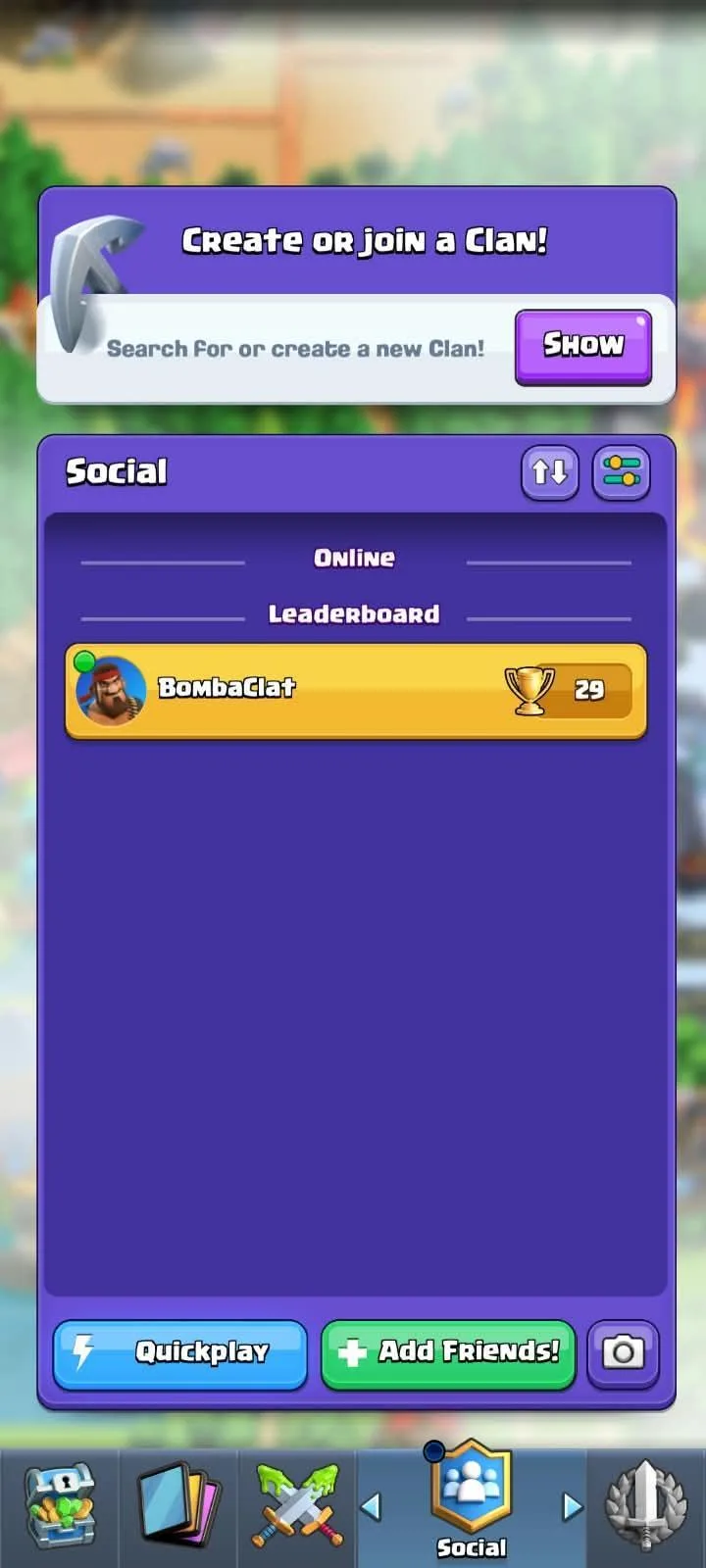 The Create or join a Clan screen in Clash Royale, with the clan search field and the Social tab underneath
