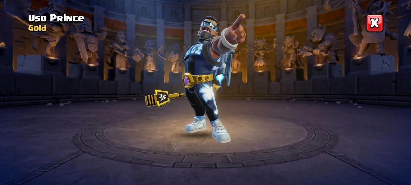 The Uso Prince skin from the Clash of Clans WWE event, a Grand Warden in wrestling gear posing in the ring