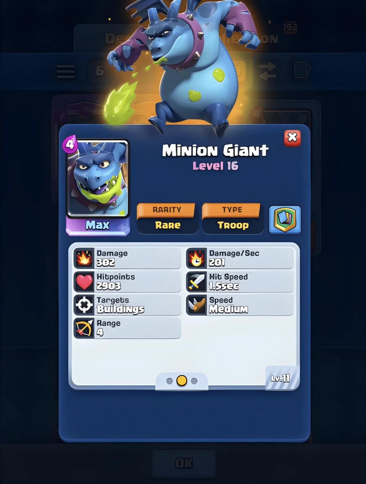 The Minion Giant card in Clash Royale at level 16, a Rare troop with its stats listed