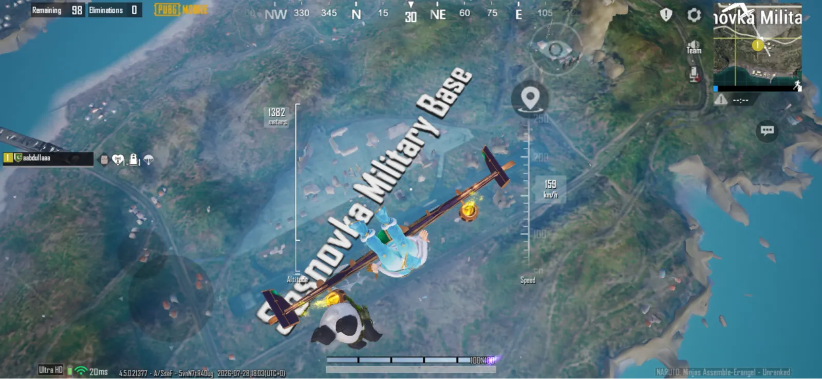 A PUBG Mobile plane flying over Erangel with the Georgopol Military Base marker on the horizon