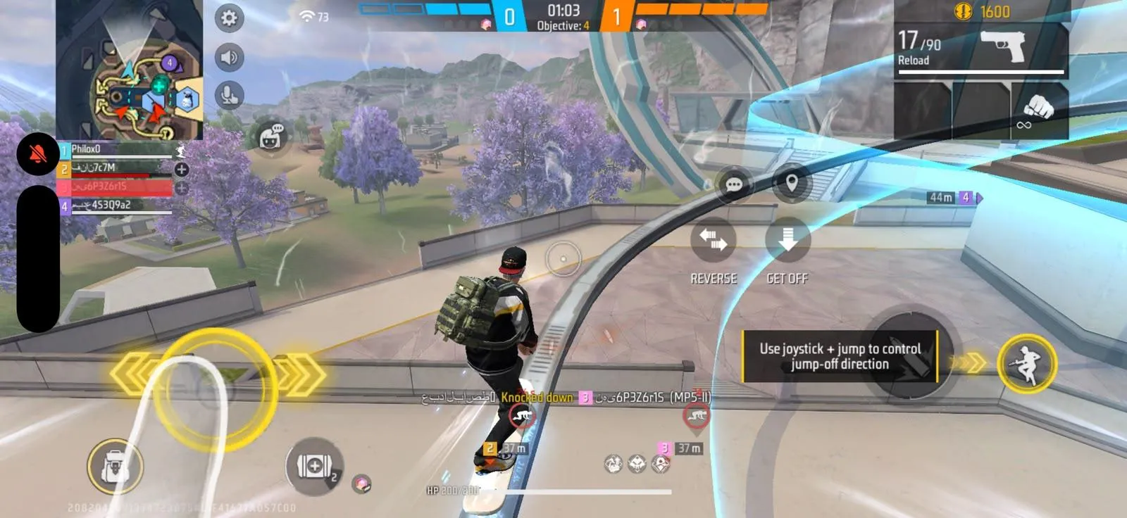 A Free Fire tutorial prompt explaining how to use the joystick and jump button to control jump-off direction