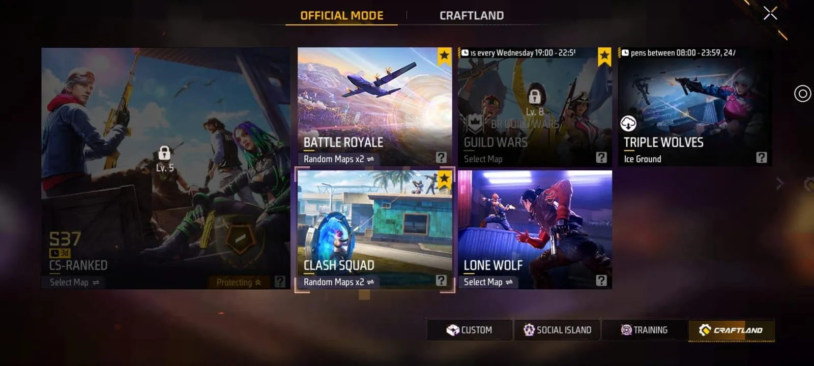 Free Fire's mode selection screen with Battle Royale, Clash Squad, Lone Wolf, Guild Wars and Craftland