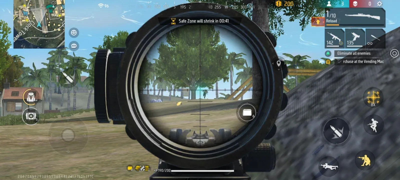 Looking through a sniper scope in Free Fire at a distant treeline across the water