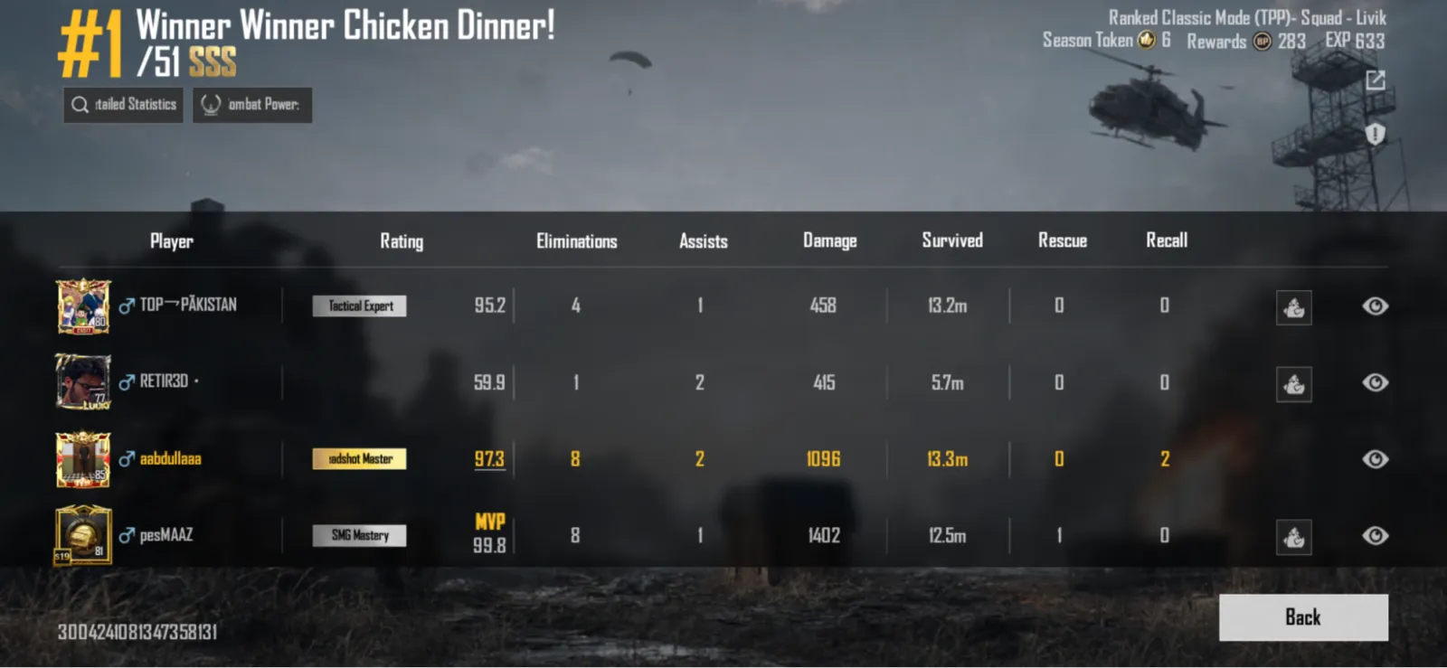 A PUBG Mobile Winner Winner Chicken Dinner screen listing each squad member's kills, damage and survival time